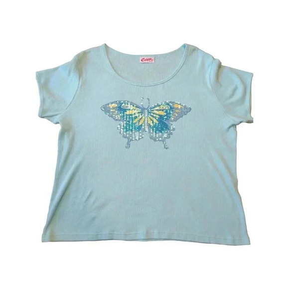 Vintage Curve Woman Blue Ribbed Sequin Butterfly Tee 2X - Picture 9 of 11